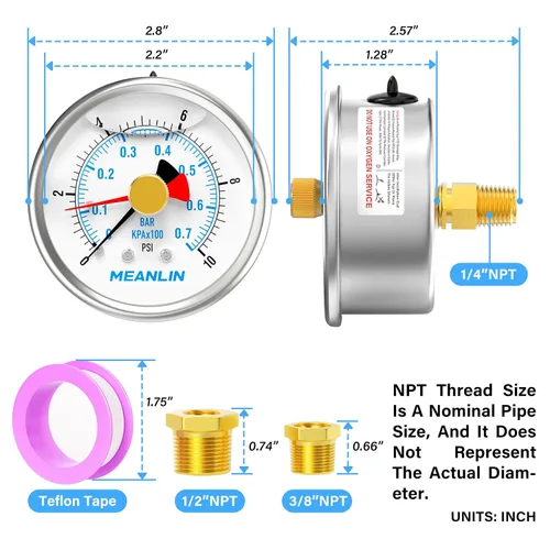 Miniatura 2 de MEANLIN MEASURE Manómetro de Presión de Acero Inoxidable 0~10 Psi 1/4" NPT Carátula de 2.5" con Puntero de Reinicio Relleno de Líquido WOG Agua