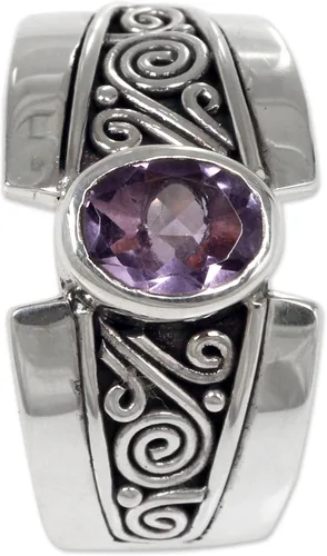 Miniatura 2 de NOVICA Anillo artesanal hecho a mano con amatista de plata de ley 925 con piedra natal púrpura de Indonesia 'Purple Karma