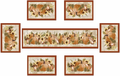 Miniatura 2 de Juego de 6 caminos de mesa y manteles individuales con diseño de calabazas de acuarela, color naranja otoñal, juego de tapetes de comedor de lino