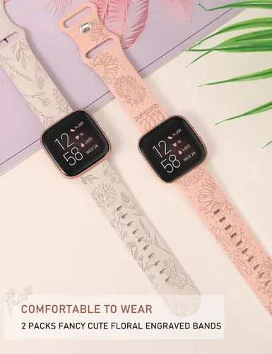 Miniatura 3 de Minyee Paquete de 2 correas con grabado floral compatibles con Fitbit Versa 2/Fitbit Versa/Versa Lite para mujeres, linda correa deportiva