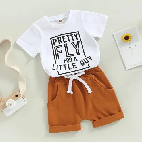 Miniatura 42 de Conjunto de traje de verano para bebé niño pequeño, manga corta, cuello redondo, letras impresas, lindo traje de verano, conjunto de 2 piezas