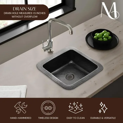 Miniatura 6 de Fregadero de cocina y barra Monarch Abode – Fregadero de bar de montaje dual de 12 pulgadas Glasgow, fregadero de aluminio negro mate martillado a