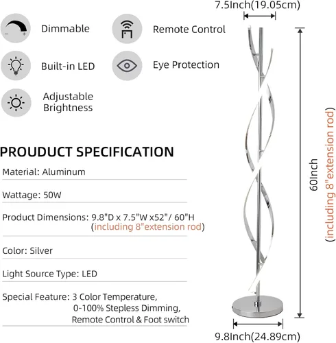 Miniatura 3 de Lámpara de pie LED moderna para sala de estar, 40 W, 3 colores, regulable y brillante que cambia de color, lámpara de pie brillante de 60 pulgadas