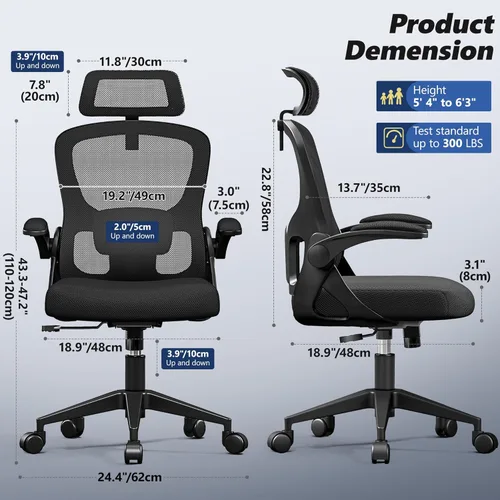Miniatura 2 de Silla de oficina ergonómica, silla de escritorio de respaldo alto con brazos abatibles, silla de computadora de malla de 300 libras con Negro