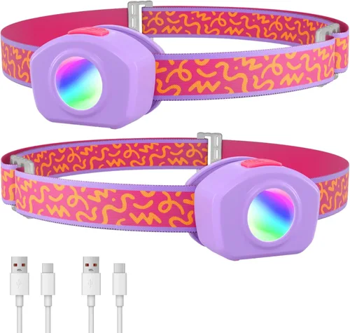 EverBrite Linterna frontal LED recargable para niños con modo RGB y diadema ajustable, 3 modos multicolor para acampar, leer, explorar, senderismo,