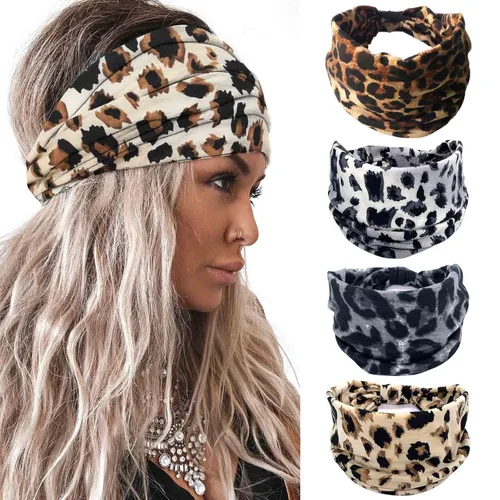 Acenail Diademas anchas para mujer, turbante anudadas, elásticas antideslizantes, bohemias, para entrenamiento, leopardo, yoga, bufandas de algodón