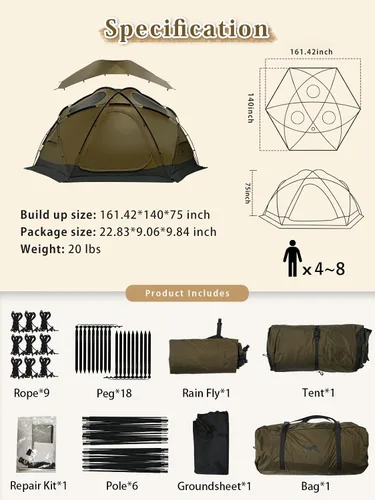 Miniatura 6 de TOMOUNT Tienda caliente de cúpula con estufa Jack 4 Persona Backpacking Carpa para 4 estaciones impermeable Glamping senderismo Marrón coyote