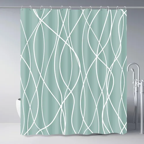 Miniatura 26 de Juego de cortinas de ducha azul egeo para baño con ganchos, cortinas de baño decorativas repelentes al agua y lavables con rayas blancas, 72 x 72