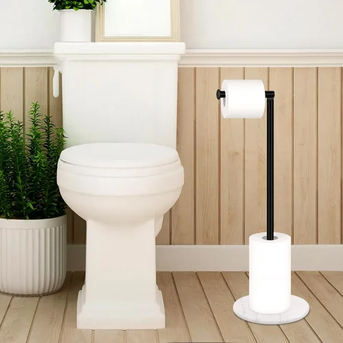 Miniatura 6 de Soporte para papel higiénico con base de mármol, base de piedra natural de pie con reserva, color negro mate, soporte de 4 rollos para encimera