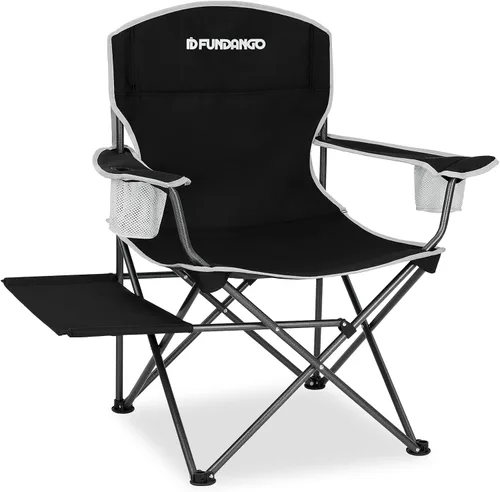 FUNDANGO Silla de camping acolchada plegable, portátil con respaldo completo para exteriores, con soporte para tazas y mesa auxiliar, bolsillo