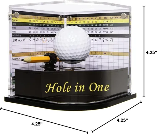 Miniatura 6 de Vitrina de pelotas de golf para golfista agujero en uno. Trono de pelota negra con sello dorado. 2 marcos de fondo en cada lado de la cubierta