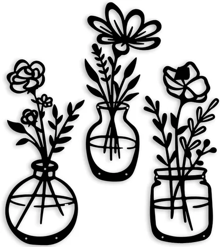 Miniatura 9 de Qzmaikoo 3 piezas de flores de metal negro para decoración de pared, jarrón, esculturas artísticas para colgar en interiores, cocina, baño, comedor