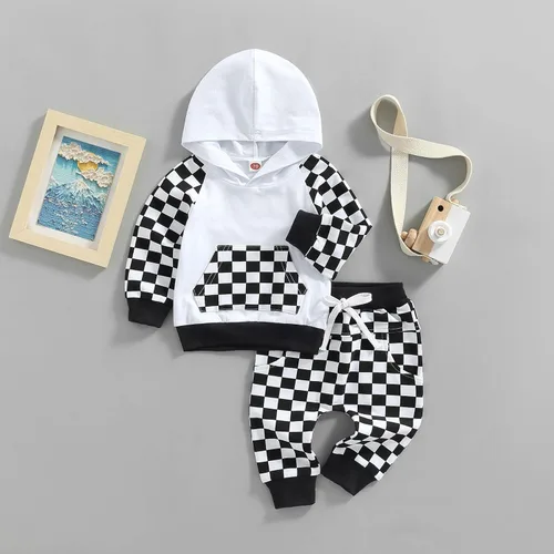 Miniatura 2 de Conjunto de 2 piezas de ropa de otoño e invierno con capucha a cuadros para niños y niñas