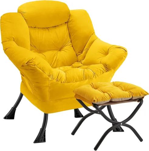 Miniatura 18 de Silla perezosa con otomana plegable, sofá de ocio, sillón de tela suave con reposabrazos y bolsillos laterales, silla de lectura con reposapiés