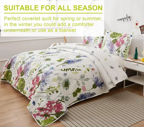 Miniatura 3 de Ycosy Juego de Edredón Floral Tamaño Full/Queen Colcha Reversible de Flores Queen Edredón Ligero de Verano Ropa de Cama Edredones Florales Morados