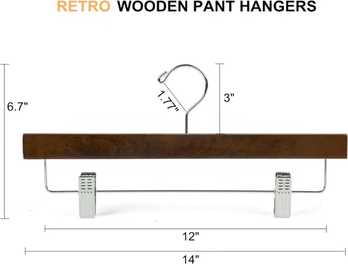 Miniatura 2 de Amber Home Paquete de 24 perchas retro de madera para pantalones con clips, parte inferior de madera de nogal para jeans, colgador de clips