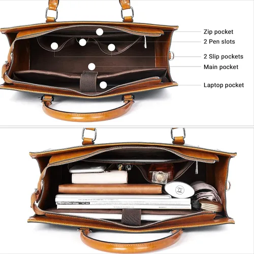 Miniatura 4 de BROMEN Maletín de cuero para mujer 15.6 pulgadas portátil bolso de hombro negro con marrón y mujeres cuero RFID blcoking cremallera cartera marrón
