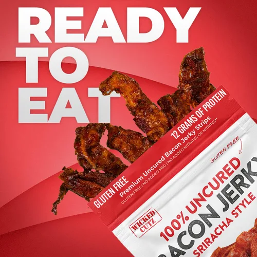 Miniatura 5 de Sriracha - Carnívoro con sabor a tocino, 0.42 oz de proteína por bolsa, tierno y fácil de masticar, tocino totalmente cocido, hecho en Estados