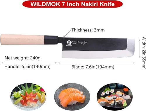 Miniatura 3 de WILDMOK Cuchillo vegetal asiático Usuba de 7 pulgadas Hoja de acero inoxidable alemán y mango de madera tradicional