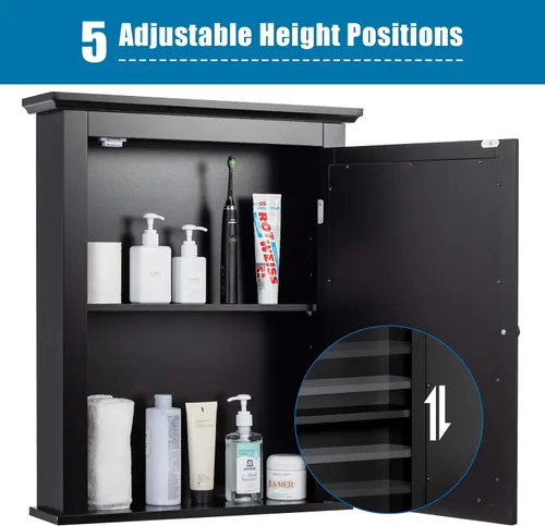 Miniatura 5 de Tangkula Gabinete de baño con espejo, gabinete tipo botiquín con espejo montado en la pared con puerta única y estante ajustable en 5 posiciones