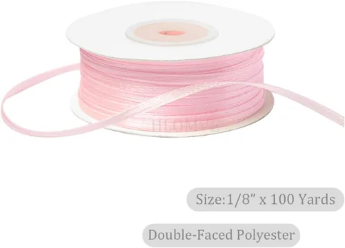 Miniatura 2 de Cinta Rosa Claro de 1/8 Pulgada x 100 Yardas, Cintas de Tela de Satén para Envolver Regalos, Manualidades, Álbumes de Recortes, Ramos Florales, Rosa