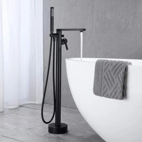 Miniatura 3 de Wowkk Grifo de bañera independiente Llenador de bañera Negro Montaje en piso Latón de una sola manija Grifos de baño con ducha de mano Oro cepillado