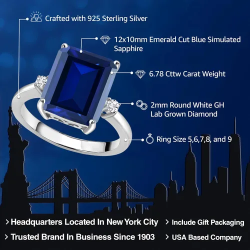 Miniatura 21 de Gem Stone King 5-7 Cttw Gemstone Birthstone and White Lab Grown Diamond 3-Stone Engagement Ring 925 Sterling Silver Center Emerald Cut 12X10MM