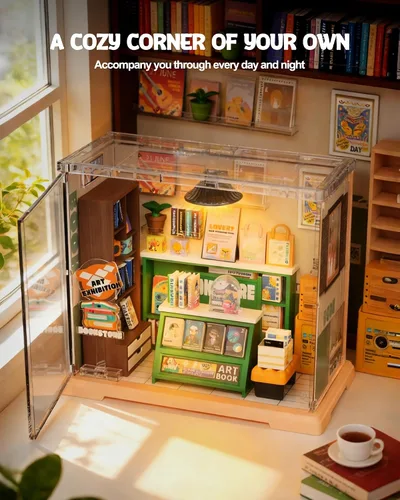 Miniatura 3 de Vodolo Kit de casa en miniatura con LED, kits de rincón de libros para adultos principiantes, decoración de estante de libros, rompecabezas 3D, kits
