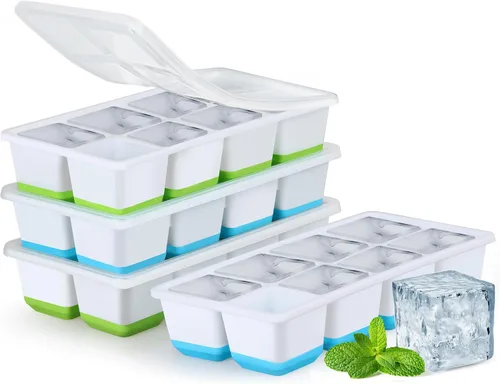 Miniatura 11 de Bandejas grandes para cubitos de hielo con tapa, paquete de 2 moldes apilables de silicona para congelador, fácil liberación, 16 bandejas de hielo