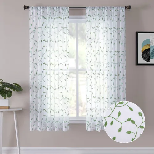 Miniatura 32 de Tollpiz Cortinas Cortas Transparentes de Hojas con Bordado de Hojas Grises, Cortinas de Dormitorio con Bolsillo para Barra, Voile de Lino Sintético
