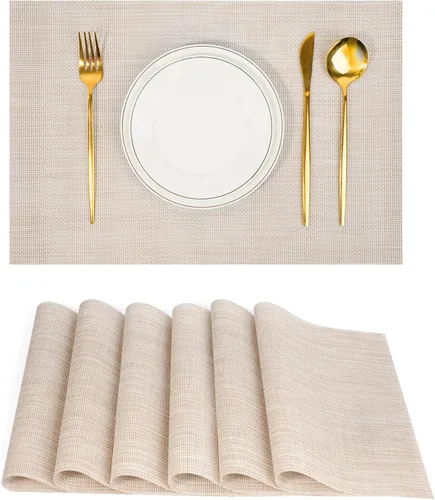 Miniatura 13 de Juego de 6 manteles individuales, antideslizantes, tejido de PVC, fáciles de limpiar, resistentes al calor, para cocina, comedor, decoración Beige