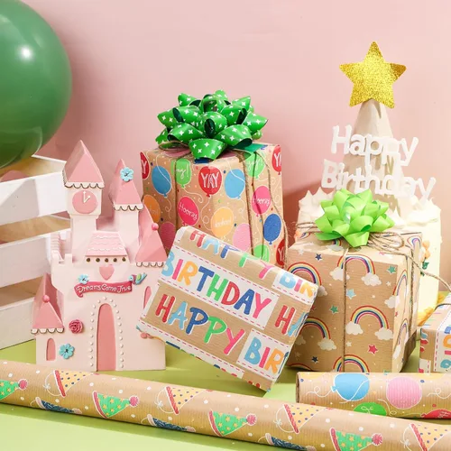 Miniatura 5 de RUSPEPA Rollos de papel kraft para envolver regalos - Diseño de arcoíris de cumpleaños colorido, total de 4 rollos (30 pulgadas x 10 pies, 4 rollos)