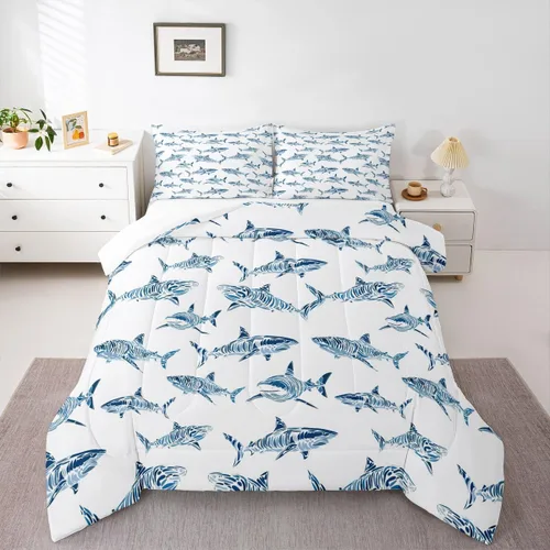 Miniatura 47 de Erosebridal Juego de edredón de tiburón, tamaño individual, juego de ropa de cama de vida oceánica para niños y niñas, color verde azulado