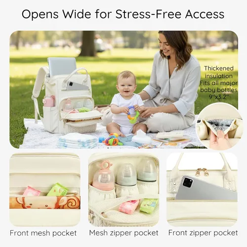 Miniatura 5 de AIJIEKE Bolsa de pañales, mochila grande para pañales de bebé de gran apertura, bolsa de viaje multifuncional para bebé, bolsa de pañales con Beige