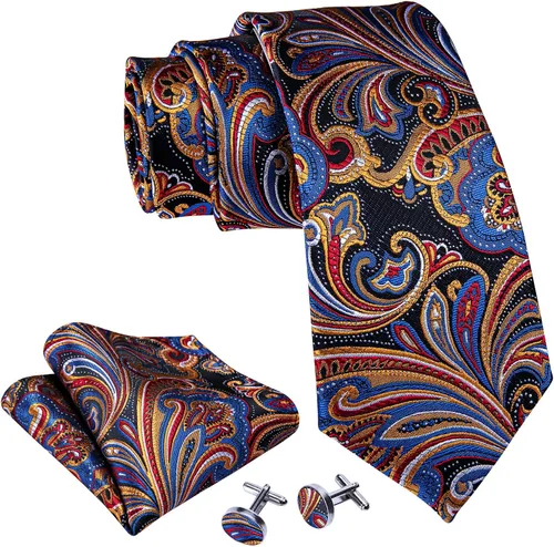 Miniatura 179 de Barry.Wang - Juego de corbata de seda para hombre, diseño de cachemira, pañuelo y gemelos de bolsillo