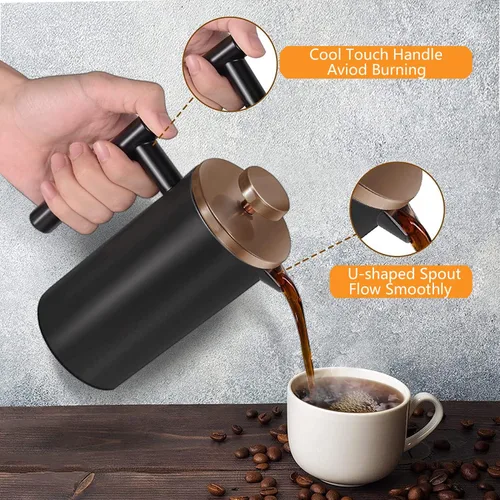 Miniatura 3 de Prensa Francesa Pequeña 350ml Negra, Prensa Francesa de Acero Inoxidable con Pared Doble Aislada para Viaje y Camping, Cafetera de Café Colado