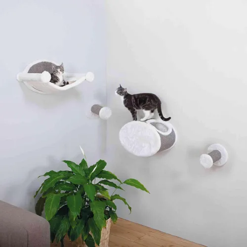 Miniatura 3 de TRIXIE Juego de salón para gatos montado en la pared con hamaca y condominio - Estante de escalada con condominio de felpa y escalón de sisal