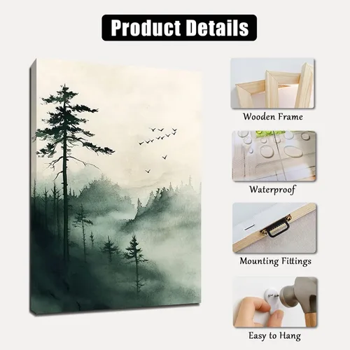 Miniatura 5 de Sutanun Lienzo de paisaje abstracto japonés para pared, impresión de bosque brumoso verde de tres paneles con pájaros y árboles, arte minimalista