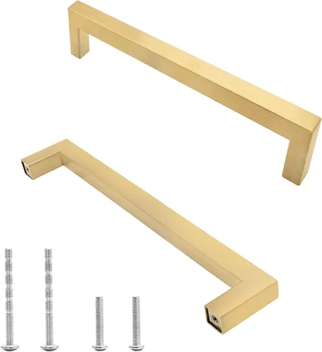 Miniatura 9 de Paquete de 6 tiradores cuadrados dorados cepillados para armario, 3-3/4 pulgadas de agujero a agujero, manijas de gabinete de acero inoxidable