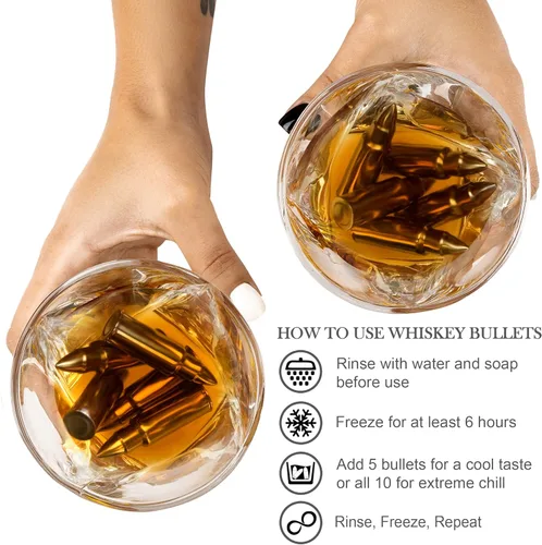 Miniatura 3 de Juego de piedras de whisky en forma de bala de alta calidad para hombres, 10 balas de acero inoxidable para whisky, 2 vasos de 11 oz , posavasos