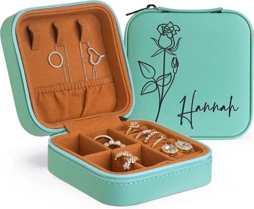 Miniatura 14 de Joyero de cuero personalizado con nombre y mes de la flor de nacimiento, regalos de cumpleaños para mujeres, estuche de viaje de joyería Negro