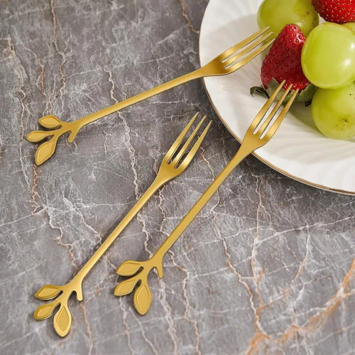 Miniatura 5 de AnSaw Juego de 10 Tenedores de Postre Mini Hoja Dorados - 4.7" Elegantes Tenedores de Acero Inoxidable para Frutas, Aperitivos, Pasteles y Ensaladas
