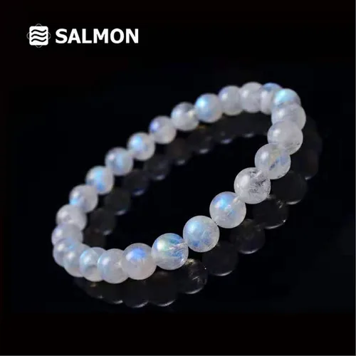 Miniatura 4 de Pulsera de mujer con cuentas redondas de cristal elástico y piedra lunar azul natural, 0.236in, AAAA