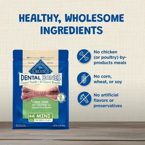 Miniatura 6 de Blue Buffalo Dental Bones - Mini golosinas dentales naturales para masticar para perros, (5-15 libras) bolsa de 12 onzas