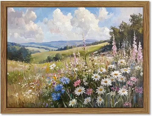 Obras de arte en lienzo vintage con flores silvestres enmarcadas, decoración de pared botánica floral natural, cuadros de paisajes de margaritas