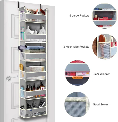 Miniatura 4 de Organizador sobre la puerta, 6 estantes y 12 bolsillos laterales, almacenamiento sobre la puerta para baño, dormitorio, guardería, organizadores