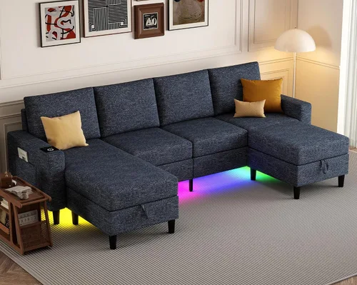 Sofás Seccionales para Sala de Estar, Sofá Seccional de 4 Asientos con Módulo Inteligente-Carga Inalámbrica/USB/Tipo-C/Luz RGB, Sofá en Forma de U