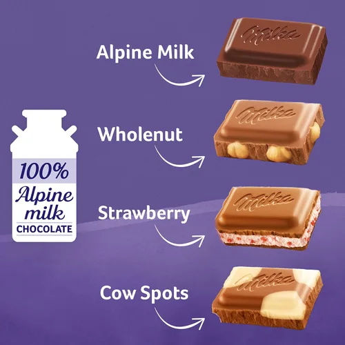 Miniatura 4 de Milka Paquete variado de barras de chocolate europeas, chocolate con leche alpino, manchas de vaca, fresa y avellana integral, 10 barras de 3.52