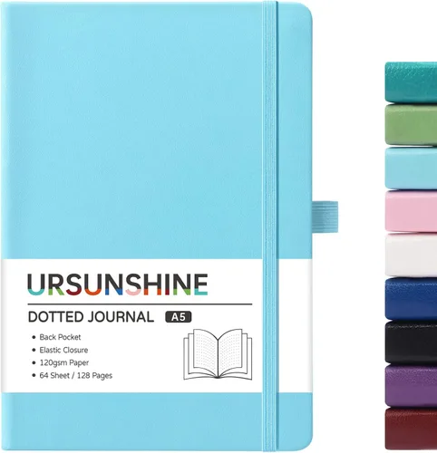 Miniatura 40 de Cuaderno punteado, diario, 5.3 x 8.26 pulgadas, tapa dura, prémium, papel grueso, doble espiral, bandas, cuero negro sintético, lazo para bolígrafo
