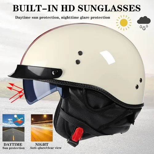 Casco retro de motocicleta para adultos, hombres y mujeres, aprobado por DOT, estilo alemán, cascos de media cara con gafas desplegables, visera